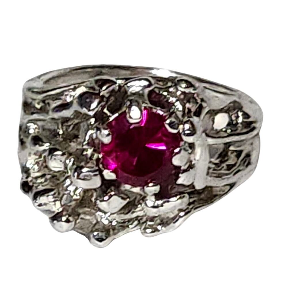 Vtg 1970s Lind Sterling Silver Brutalist Ring  Ruby Size 8
